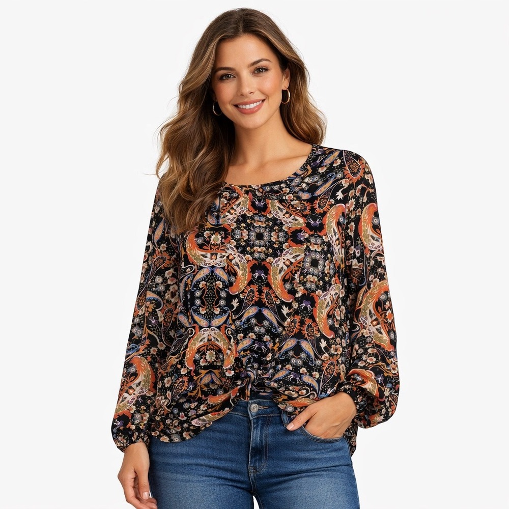 Belle + Sky Womens Medium Paisley Floral Tie Front Long Sleeve Blouse Black Oran